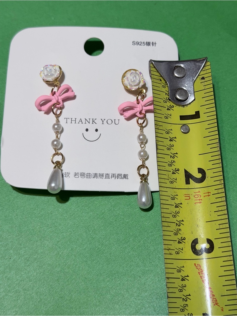 Pink Bow & Pearl Rose Drop Dangle Earrings - Picture 4 of 5